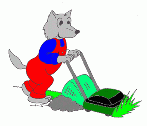 Zeichnung: ein Hauswolf mit Rasenmaeher