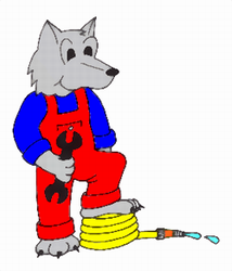 Zeichnung: ein Hauswolf mit Gartenschlauch
